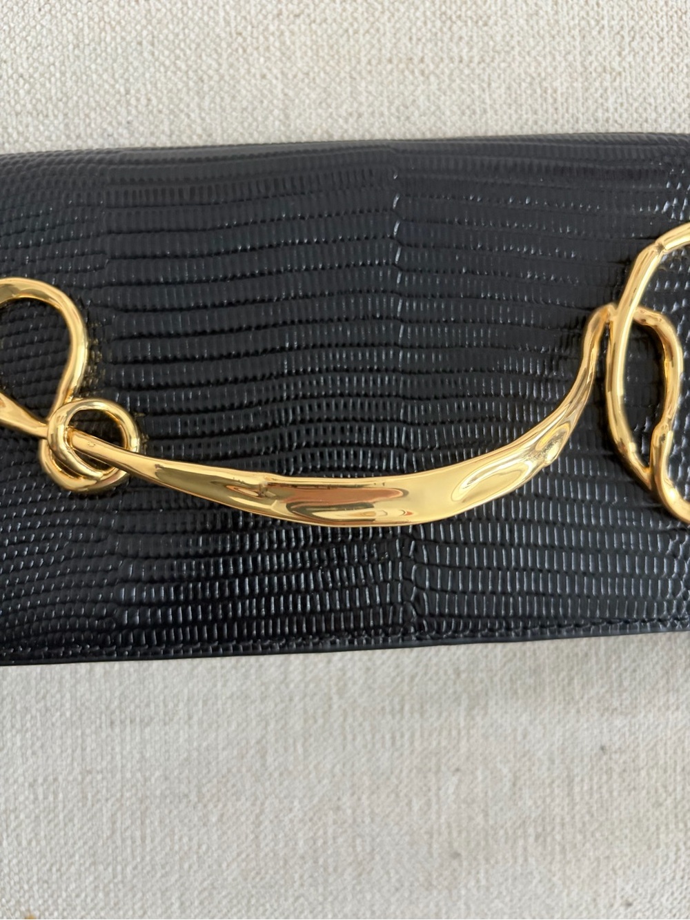 NWT Alexis Bittar Clutch | Black Lizard-Embossed Purse with Gold Metal Twist - Picture 15 of 17
